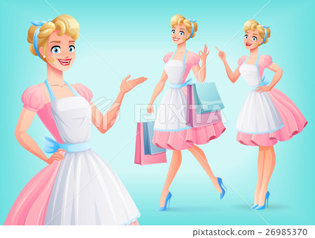 Cute smiling housewife in apron in different poses Cute smiling housewife in apron in different poses 26985370