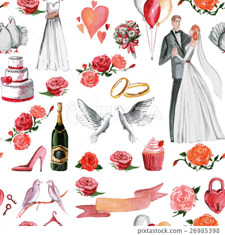 Watercolor wedding pattern Groom, bride, hearts 26985398