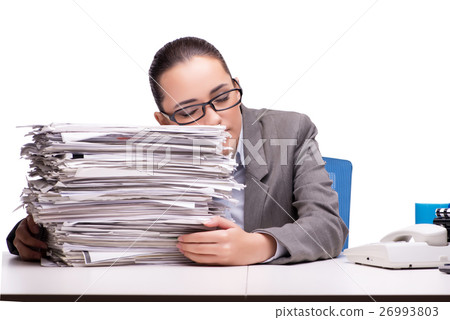 Angry woman with piles of paper on white Angry woman with piles of paper on white 26993803