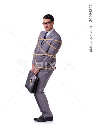 Businessman tied up with rope isolated on white Businessman tied up with rope isolated on white 26994246