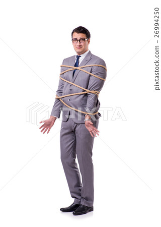Businessman tied up with rope isolated on white Businessman tied up with rope isolated on white 26994250