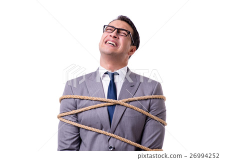 Businessman tied up with rope isolated on white Businessman tied up with rope isolated on white 26994252