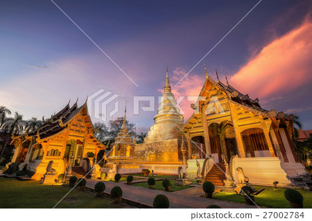 New golden pagoda, Phra Singh temple twilight time New golden pagoda, Phra Singh temple twilight time 27002784