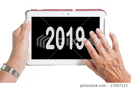 Senior lady relaxing and her tablet - 2019 Senior lady relaxing and her tablet - 2019 27007121