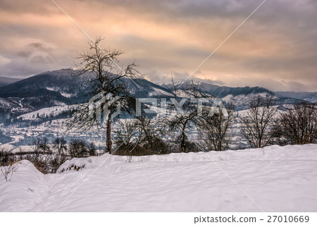 red winter sunset in mountains village red winter sunset in mountains village 27010669