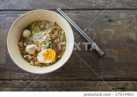 close up thai noodle on wood table with space 27014902