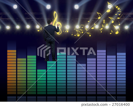 Businessman standing over the sound waves equalizer and drawing the music note on dark background,musical concept Businessman standing over the sound waves equalizer and drawing the music note on dark background,musical concept 27016400