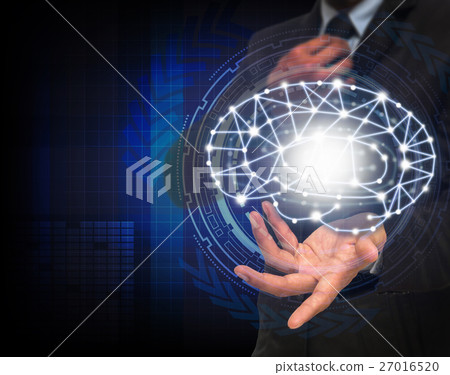 Businessman hand holding the brain over the Technical information over the Innovation Technology background, technology and healthry concept Businessman hand holding the brain over the Technical information over the Innovation Technology background, technology and healthry concept 27016520