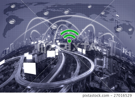 Network connection line between building over the top view of cityscape with the Elevated highway and world map background which dicut each elements, cool tone color, network and connection concept Network connection line between building over the top view of cityscape with the Elevated highway and world map background which dicut each elements, cool tone color, network and connection concept 27016529