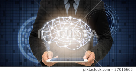 Businessman holding the tablet showing the brain over the Innovation Technology background, technology and healthry concept Businessman holding the tablet showing the brain over the Innovation Technology background, technology and healthry concept 27016663