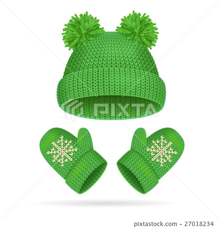 Hat with a Pompom and Mitten Set. Vector 27018234