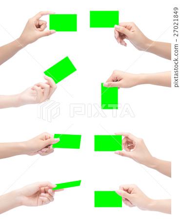 Set of Woman hands holding an empty business card  27021849