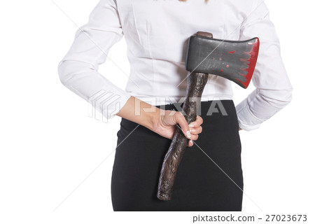 Girl with a bloody axe in a business clothing Girl with a bloody axe in a business clothing 27023673