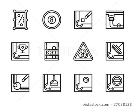 Billiard accessories black line vector icons set 27028128