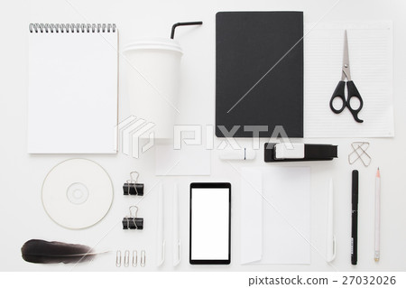 Black and white office stuff collection flat lay 27032026