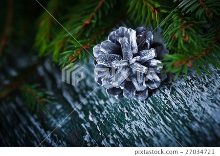 Cones with fir tree twigs on rustic background Cones with fir tree twigs on rustic background 27034721