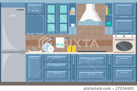 Vector kitchen interior card flat illustration Vector kitchen interior card flat illustration 27036483