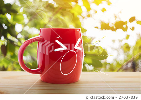 Red coffee cup empty front porch the morning 27037839