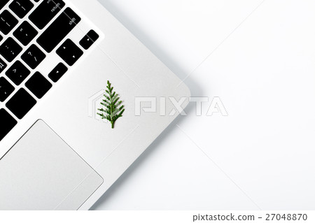 New year pine tree laying on isolated laptop New year pine tree laying on isolated laptop 27048870