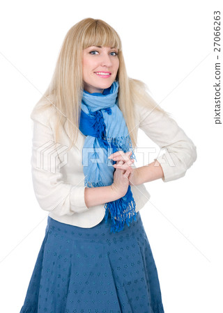 Beautiful blonde connected hands to a blue scarf 27066263