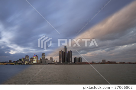 Detroit Skyline sunset and twilight Detroit Skyline sunset and twilight 27066802