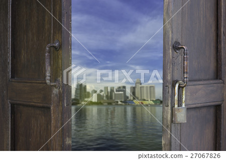 old wood window open to new era of cityscape 27067826