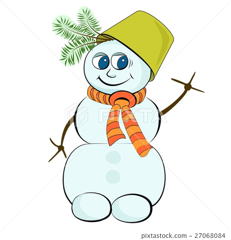 Cheerful snowman with a green bucket on his head 27068084
