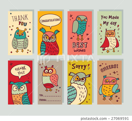 Greeting card owls and signs set. 27069591