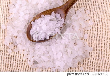 White bath salt on burlap White bath salt on burlap 27069992