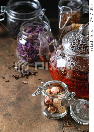Variety of dry tea with teapot Variety of dry tea with teapot 27071396