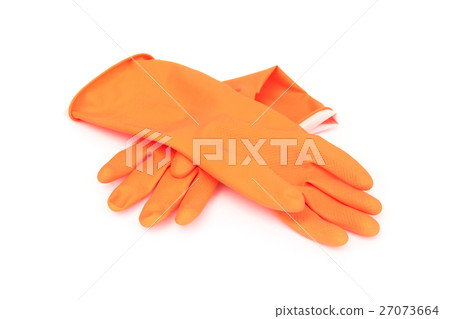 Orange color rubber gloves for cleaning on white Orange color rubber gloves for cleaning on white 27073664
