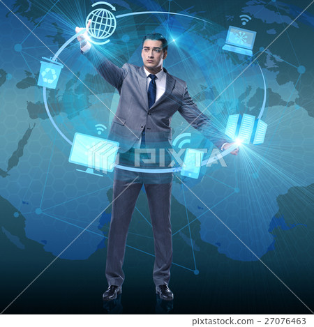 Businessman pressing buttons in computing concept Businessman pressing buttons in computing concept 27076463
