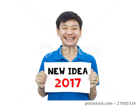 Asian teen smile showing NEW IDEA 2017 message. 27085314