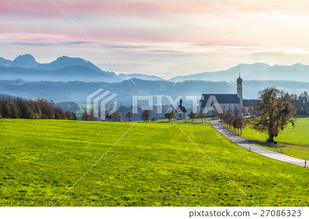 Green colorful meadow, road, chapel, church Green colorful meadow, road, chapel, church 27086323
