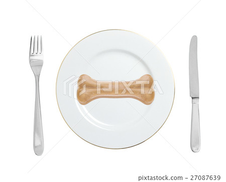 dogs food bone on plate with fork and knife dogs food bone on plate with fork and knife 27087639