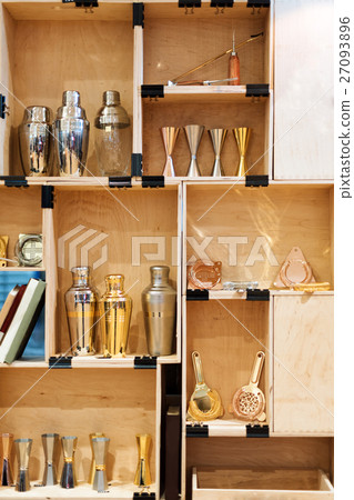 Barman equipment. Bartender tools in wooden boxes. Barman equipment. Bartender tools in wooden boxes. 27093896