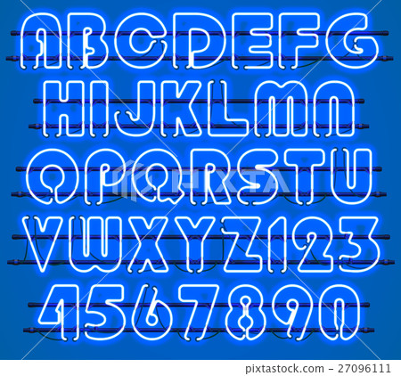 Glowing Blue Neon Alphabet. 27096111