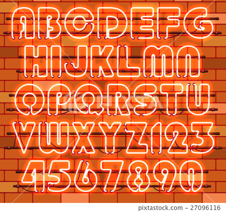 Glowing Orange Neon Alphabet. 27096116