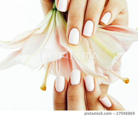 beauty delicate hands with manicure holding flower 27098869