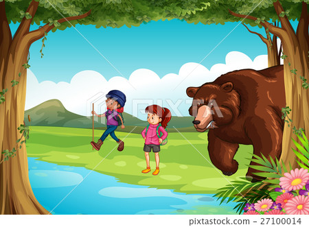 Mean bear and two hikers in the forest 27100014