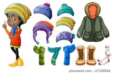 Woman and different winter clothes 27100084