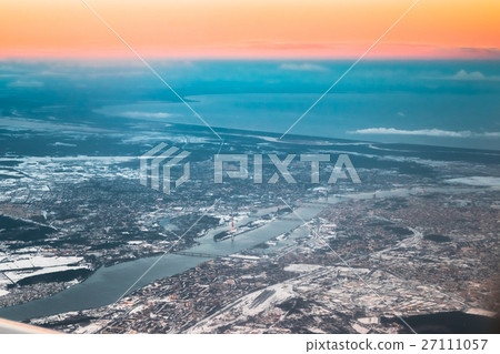 View From Airplane Window on Riga, Latvia. Sunset View From Airplane Window on Riga, Latvia. Sunset 27111057