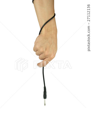 Hand with audio cable isolated on white background Hand with audio cable isolated on white background 27112136