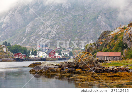 Norway village on a fjord. Nordic cloudy summer  Norway village on a fjord. Nordic cloudy summer  27112415