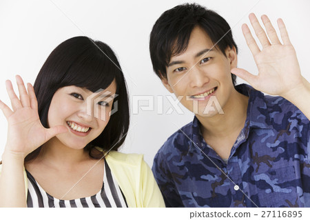 夫婦女性已婚夫婦人人情緒表達注定了再見再見問候揮手投降舉起手 27116895