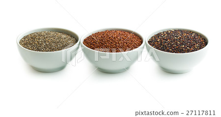 Red and black quinoa and chia seeds. 27117811