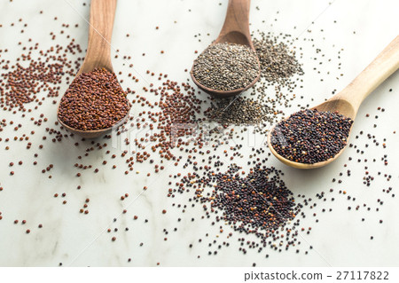 Red and black quinoa and chia seeds. Red and black quinoa and chia seeds. 27117822