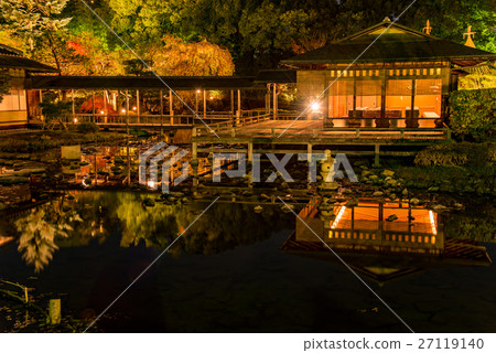 Swan garden in Nagoya autumn and tea room light pond with lake and snow hanging up 27119140