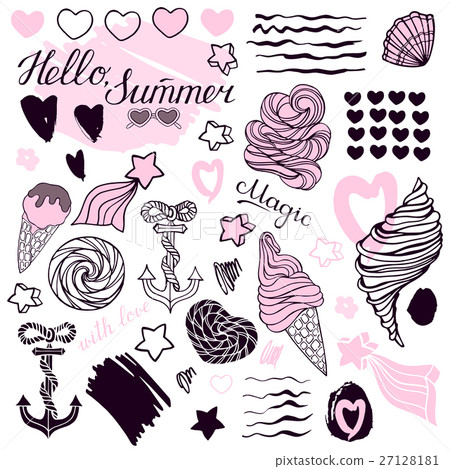 Hand drawn icons summer beach set. - Stock Illustration [27128181] - PIXTA