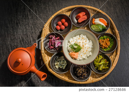 Ochazuke set bowl of rice soaked in hot green tea 27128686